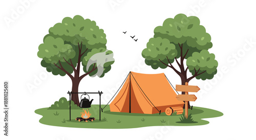 Beautiful camping scene in a forest with an orange tent, a campfire, a teapot, and green trees on a grassy field.
