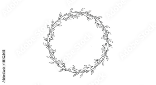 Minimalist circular wreath made of thin branches and delicate leaves hand-drawn with fine black lines on a white background.