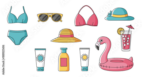 Comprehensive set of summer items like swimsuits, sun hats, glasses, lotion, a drink, and a pink flamingo float.