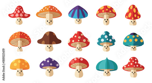 Collection of fifteen various mushroom characters with cute faces and colorful caps in different shapes and patterns.