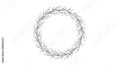 Elegant circular wreath hand-drawn with fine black lines of branches and leaves for a minimalist and organic look.