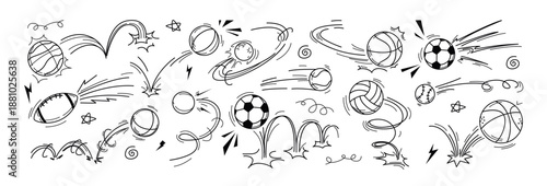 Vector sport ball doodle illustration with motion and bounce line effects. Hand drawn soccer, football, basketball, rugby, volleyball and baseball icons with flying movement and jump trajectory
