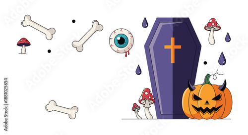 Spooky Halloween scene featuring a purple coffin, a jack-o-lantern with horns, bones, an eyeball, and mushrooms.