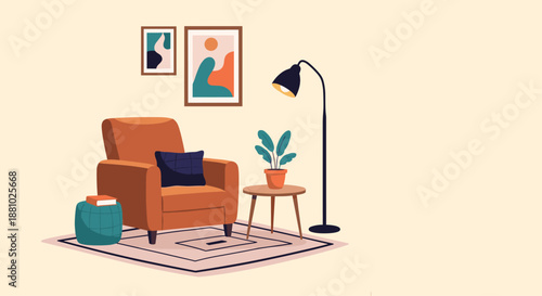 Modern interior living room scene featuring a brown armchair, floor lamp, small table with a plant, and abstract art on a warm background.
