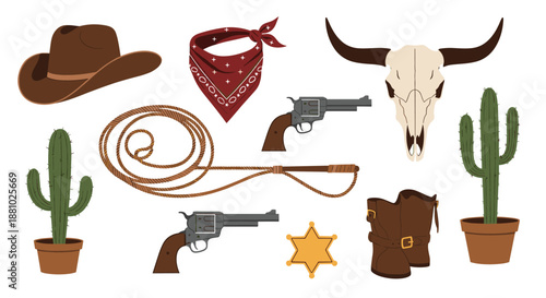 Collection of Wild West themed icons including a cowboy hat, guns, lasso, cactus, cow skull, boots, and a sheriff star.