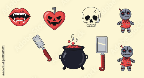 Set of spooky halloween icons including vampire lips with fangs, jack o lantern heart, skull, cauldron, voodoo dolls, and cleaver knives.