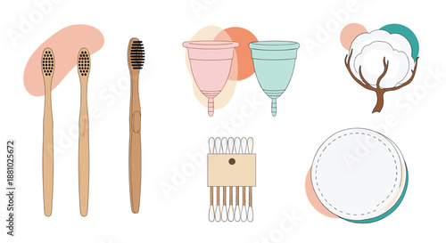 Sustainable and eco friendly personal care items including bamboo toothbrushes, menstrual cups, cotton swabs, and reusable pads on white.