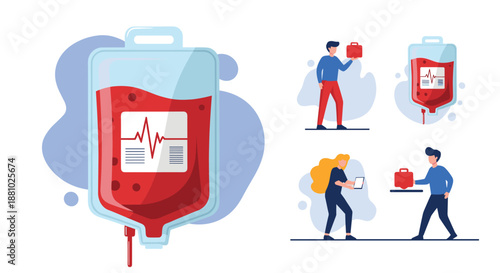 Blood donation concepts illustrating a large blood bag with heartbeat graph and diverse people volunteering for medical aid and delivery.