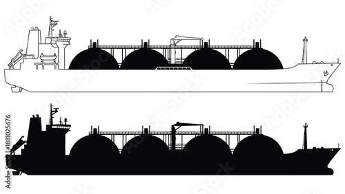 Detailed black and white illustration of a large liquefied gas carrier ship