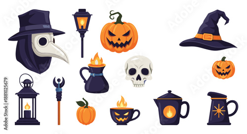 Large set of halloween graphic elements including plague doctor mask, jack o lantern, skull, witch hat, lanterns, and various spooky kettles.