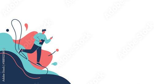 Abstract flat design illustration of a person running up a hill with a digital tablet amidst colorful organic shapes and flowing lines.
