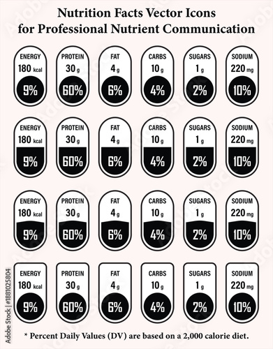 Nutrition Facts, Supplement facts, Nutrition Facts Vector Icons, Vector Infographic, Editable Templates, Nutrition Facts Vector Icon Set with Daily Value Percentages for Supplement and Food Packaging