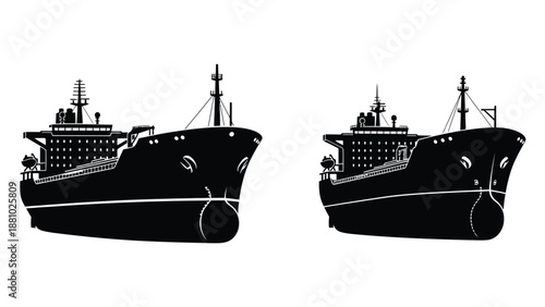 Silhouetted depictions of large cargo ships against a plain white background