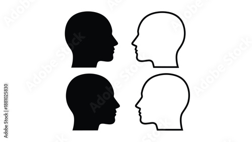 Four profiles of human heads contrasting black silhouettes and white outlines