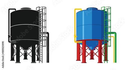 Industrial tanks in color and monochrome detailed vector illustrations for technical documentation