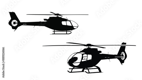 Silhouettes of two helicopters in a minimalist black and white design