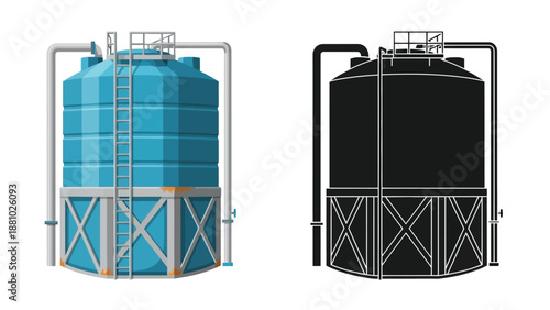 Industrial water tank illustration with color and monochrome versions displayed side by side