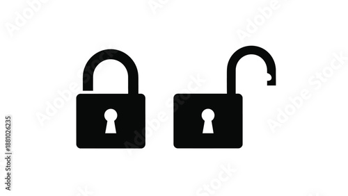 Two black padlocks one locked and one unlocked on white background
