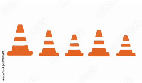 3D traffic cone safety icon set in orange and white isolated on white background