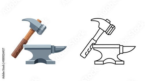 Blacksmith tools a hammer anvil and a detailed line drawing illustration