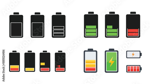 Various battery charge level icons depicting different power states