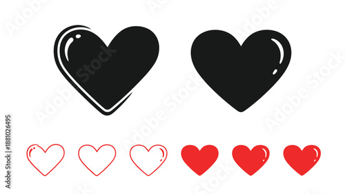 Two black hearts and a row of smaller red hearts displayed on white