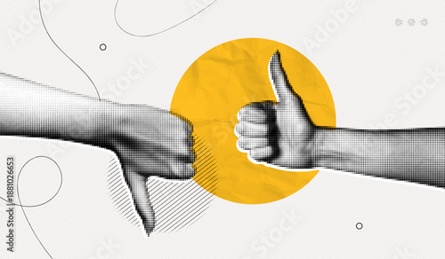 Trendy Halftone Collage Two Woman Hands with like and dislike gestures. Arm showing thumb up. Discussion in conversation, work and social media. Feedback banner. Contemporary vector illustration art