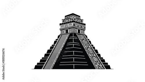 Detailed illustration of a stylized ancient mesoamerican stepped pyramid structure