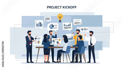 Business Team Meeting Project Kickoff with Charts and Ideas