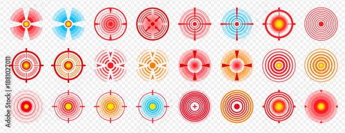 Body point pain in muscles, teeth, throat, joint, head or stomach. Inflammation markers set. Circle painful area with red and blue target. Sore spot, muscle acute spasm icons. Ache localization signs