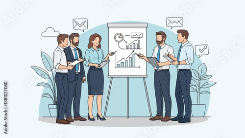 Business Team Meeting with Whiteboard Presentation and Growth Charts