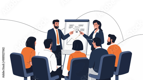 Business team meeting, brainstorming ideas, presentation with charts and lightbulb