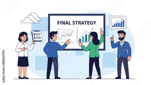 Business team planning final strategy with charts and graphs on whiteboard