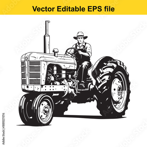  vector illustration of a farmer driving a tractor in a classic style