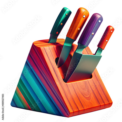 Colorful kitchen knives in a wooden block on a plain background