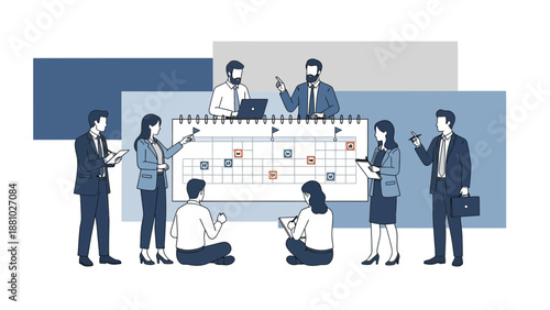 Business team planning project on a big calendar board, teamwork concept