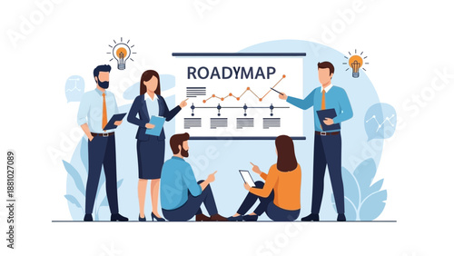 Business Team Planning Strategy on Roadmap Presentation