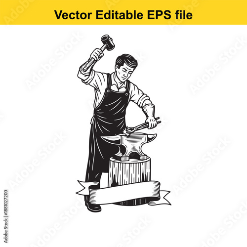  blacksmith working at an anvil with a hammer in a vector illustration