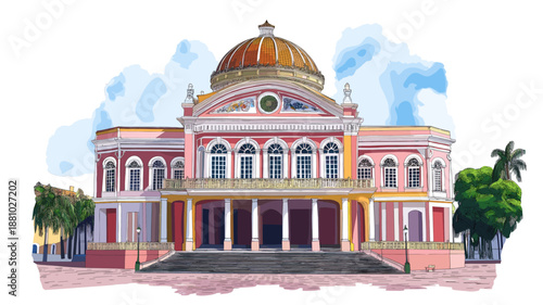Teatro Amazonas. Teatro Amazonas hand drawn watercolor illustration