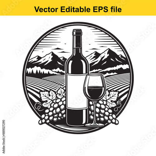  vector illustration of wine bottle and glass in a scenic vineyard landscape