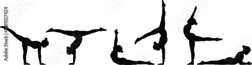 Gymnast silhouettes, acrobatic poses, black vector illustration, flexibility, strength, balance, athletic motion, dance icons, body movement, fitness design