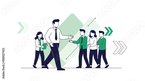 Business leader guiding team forward, concept of teamwork and success