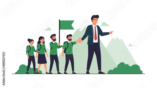 Business Leader Guiding Team Towards Mountain Peak Success