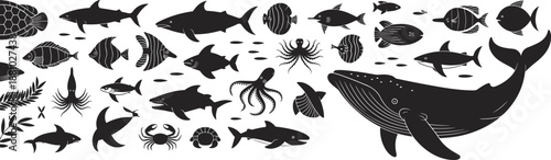 Marine life silhouettes, ocean animals, black vector illustration, whale, fish, octopus, crab icons, underwater design, aquatic biodiversity