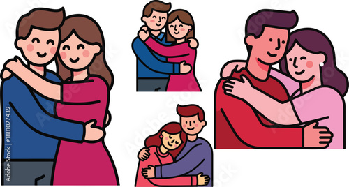 Collection of four cute illustrated vector icons depicting happy couples embracing warmly in various loving poses on transparent background