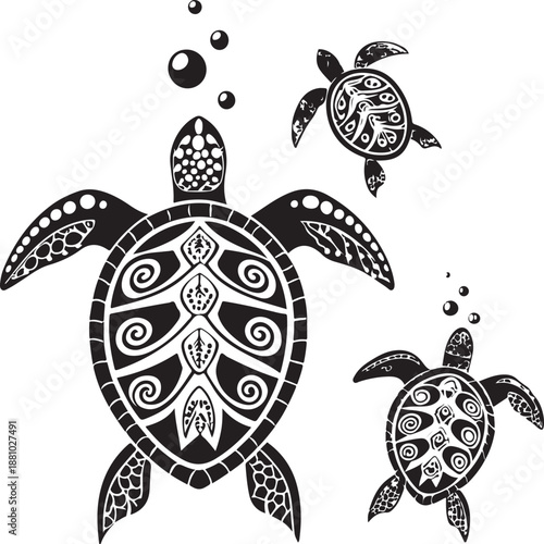 Decorative sea turtles swimming in ocean with bubbles