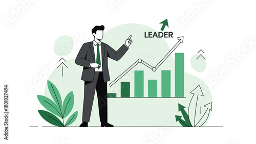 Business leader pointing at upward growth chart, green and white illustration
