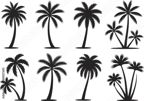 Palm tree silhouettes, tropical icons, beach trees, exotic foliage, curved trunks, black vector illustration, nature design, frond shapes, landscape elements