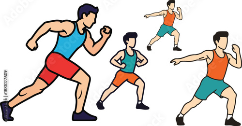 Group of diverse athletes performing dynamic warm up exercises practicing various running motions on transparent background