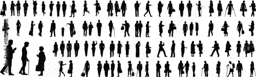 People silhouettes, black vector illustration, diverse poses, walking, talking, accessories, interaction, crowd design, urban lifestyle, social behavior
